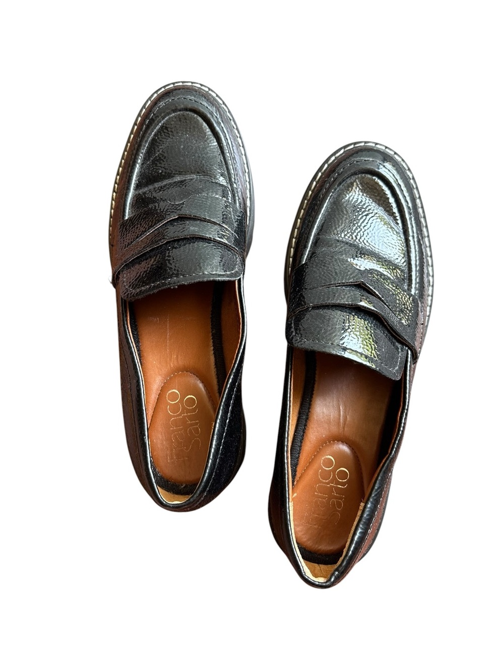 Franco Sarto Black Patent Leather Lug Sole Penny Loafers Size 6 Preppy Chic